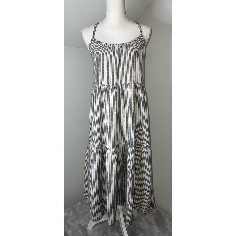 Women’s Linen Blend Striped Midi Dress Low Back